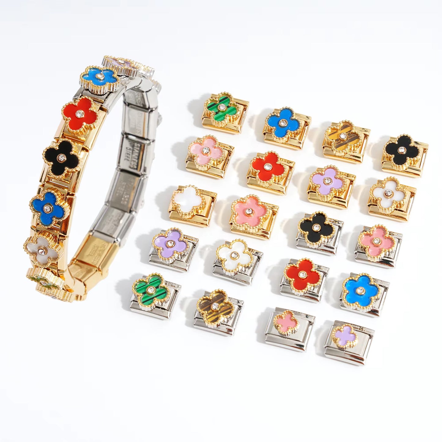 BloomLinks – Stainless Steel Clover Flower Italian Charm Bracelet Charms
