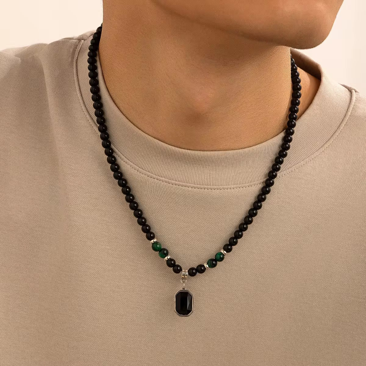 Midnight Valor: Black Bead & Pendant Necklace for Men