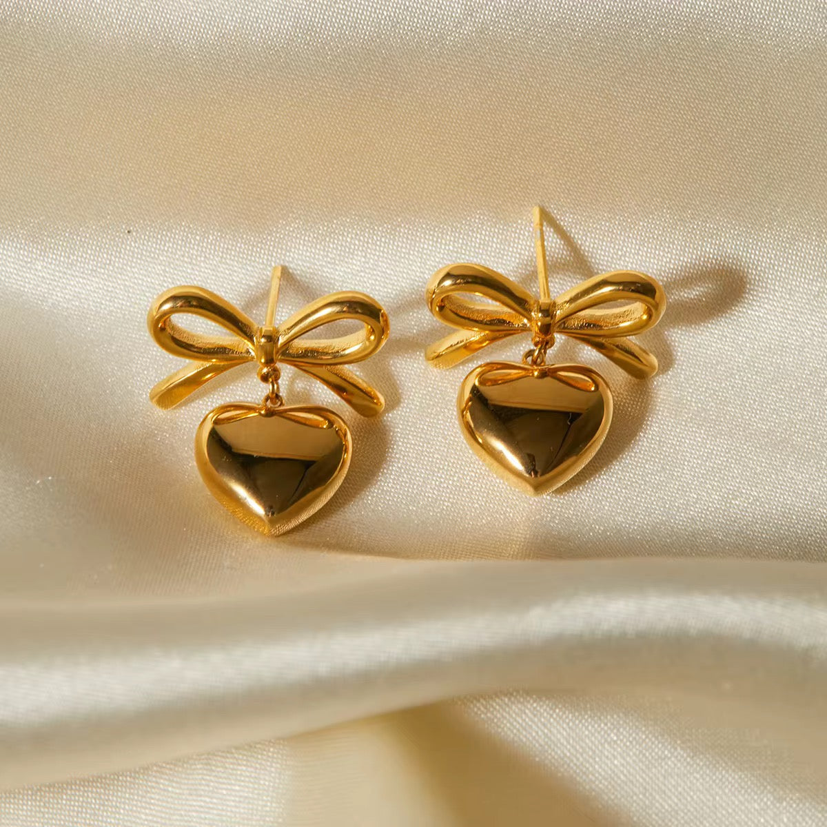 Bow & Heart Drop Earrings - Gold