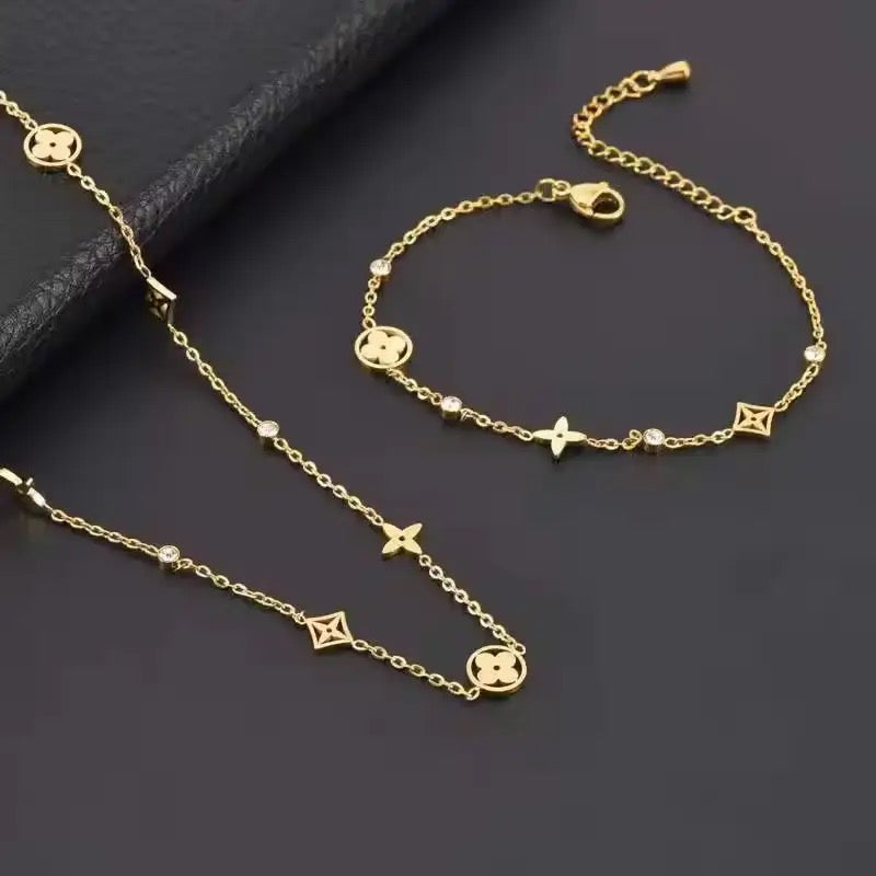 Dainty Zircon Clover Hollow Bracelet & Necklace Set