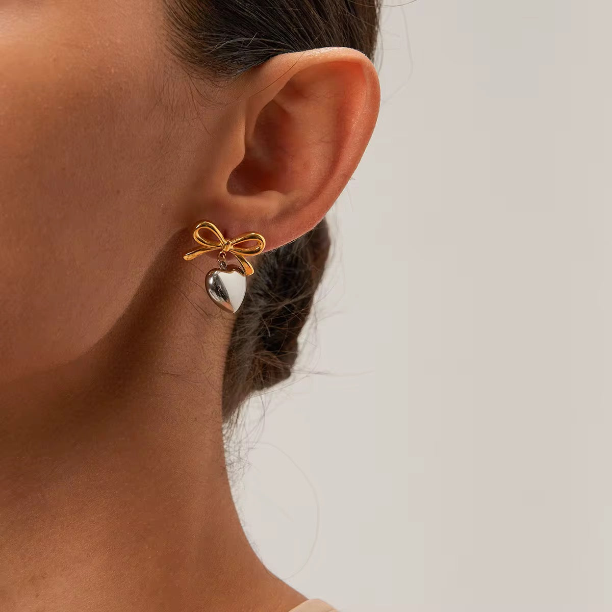 Bow & Heart Drop Earrings - Gold & Silver