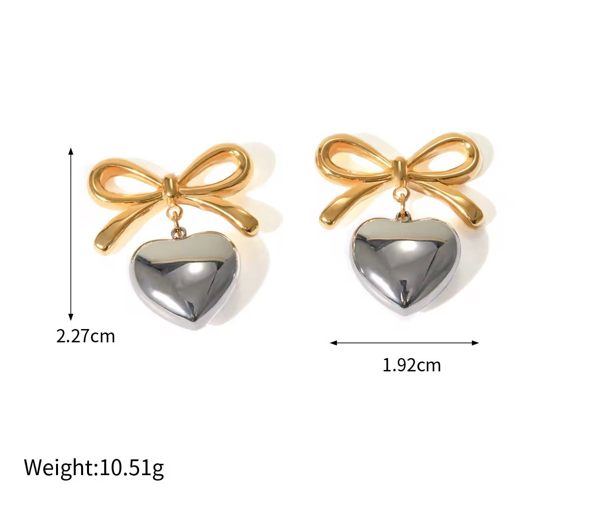 Bow & Heart Drop Earrings - Gold