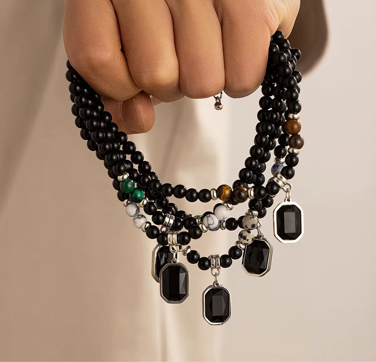 Obsidian Ember: Black Bead & Tiger Eye Pendant Necklace for Men