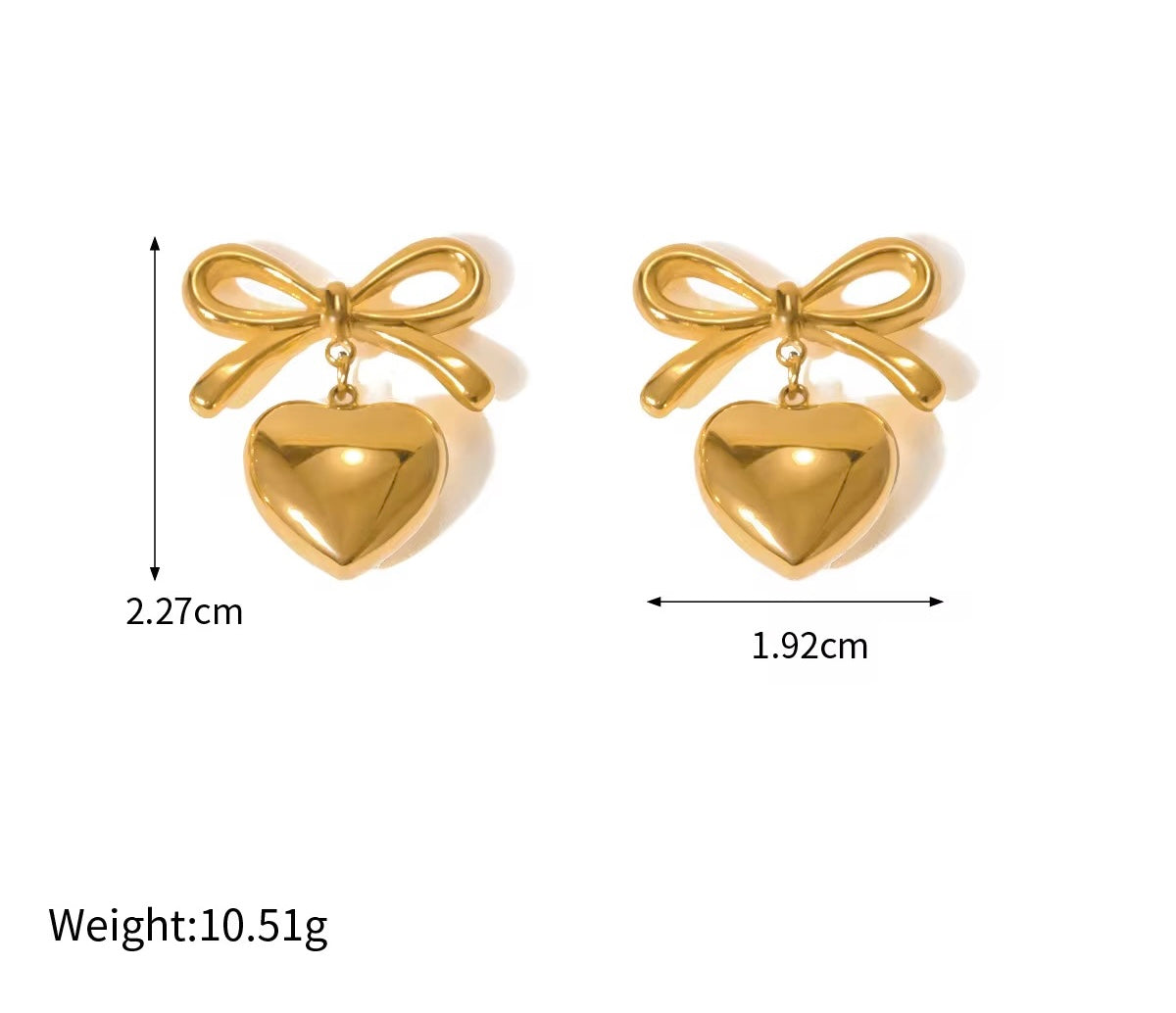 Bow & Heart Drop Earrings - Gold
