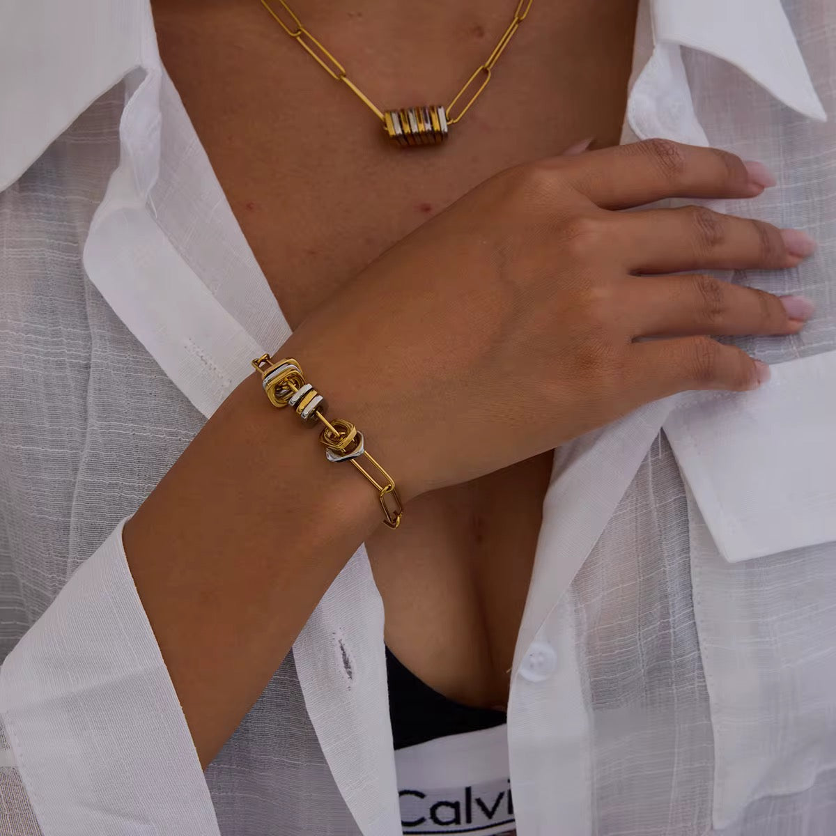Modern Minimalist Two-Tone Jewelry Set (Necklace + Bracelet)