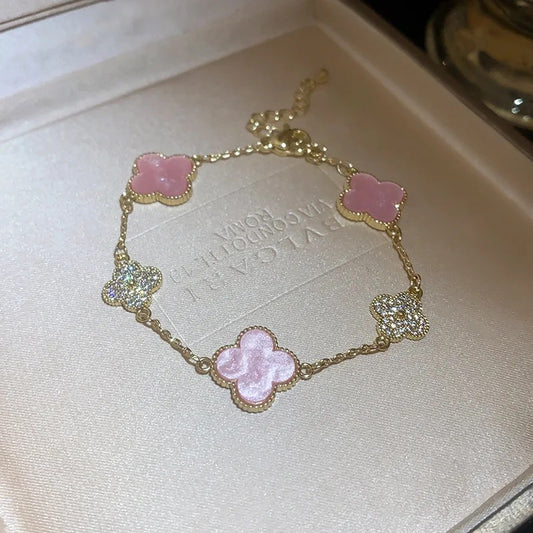 Fine Clover Bracelet - Pink & Diamontes