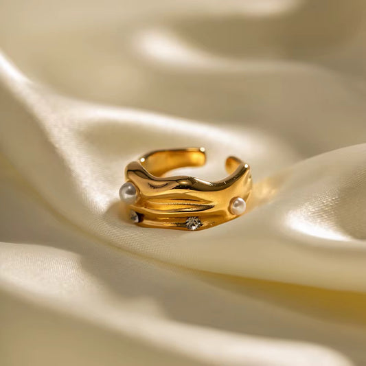Gina Geometric Pearl & Zirconia Multi-Layer Ring – 18K Gold Plated