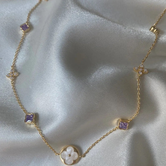 Purple Crystal & Zircon Clover Necklace