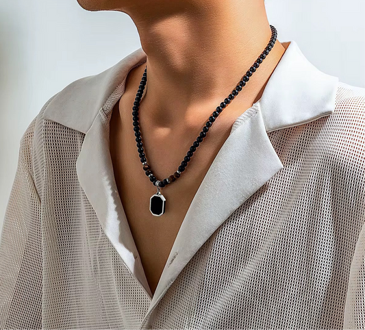 Obsidian Ember: Black Bead & Tiger Eye Pendant Necklace for Men