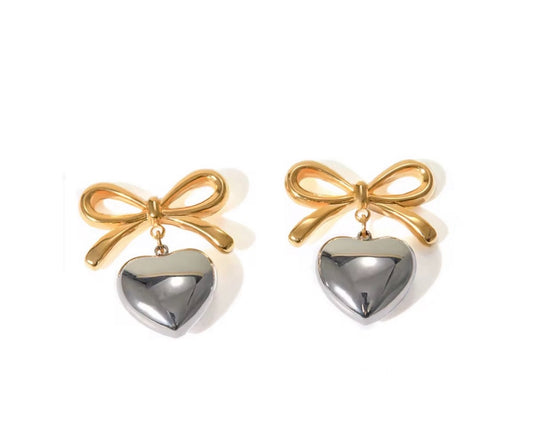 Bow & Heart Drop Earrings - Gold & Silver