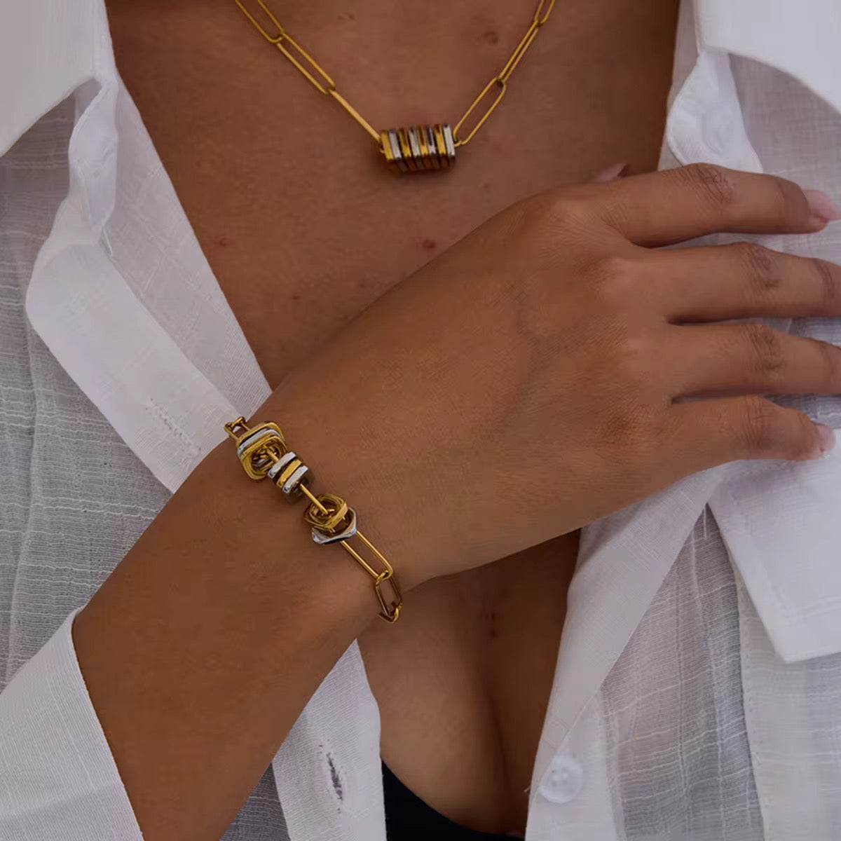 Modern Minimalist Two-Tone Jewelry Set (Necklace + Bracelet)