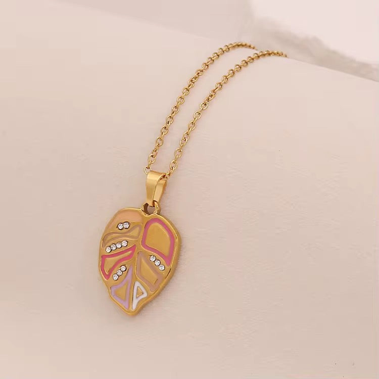 Pink Colorburst Leaf Pendant Necklace