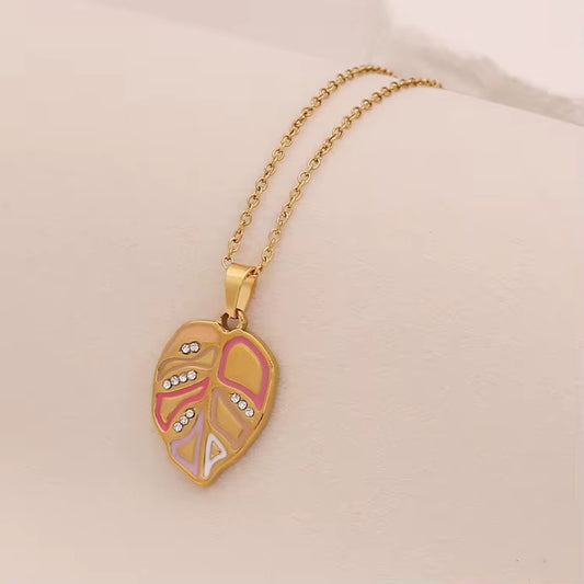 Pink Colorburst Leaf Pendant Necklace