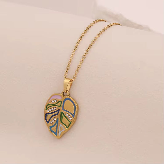 Blue Green Colorburst Leaf Pendant Necklace