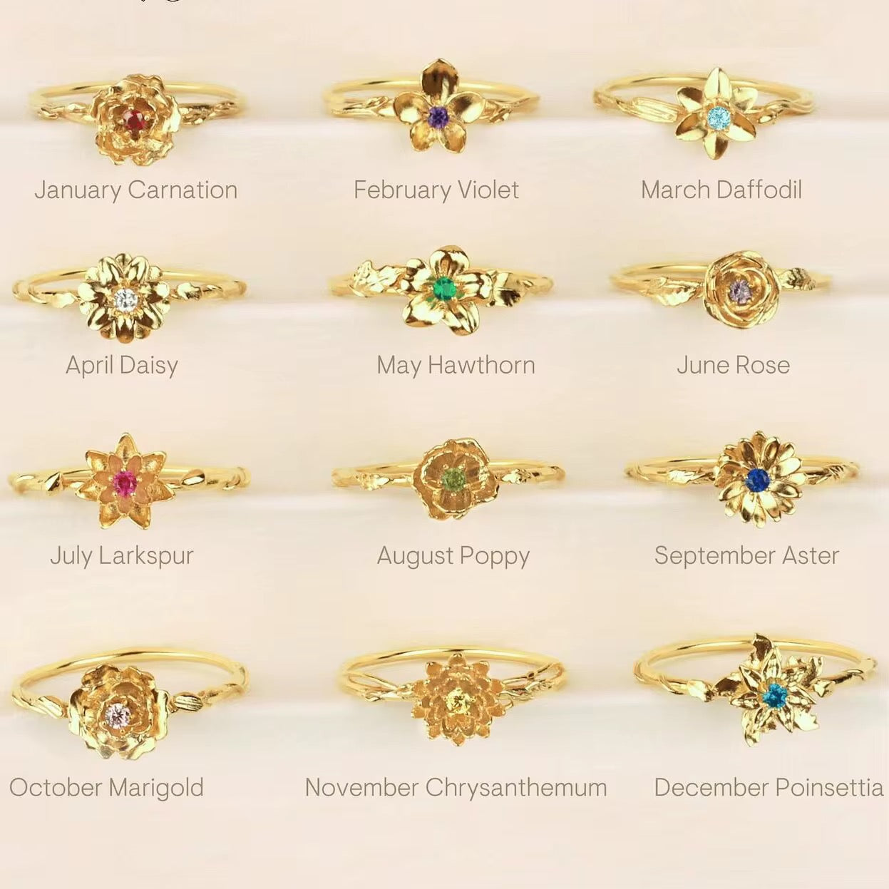 Vintage Adjustable Open Ring with Monthly Flower & Birthstone Design