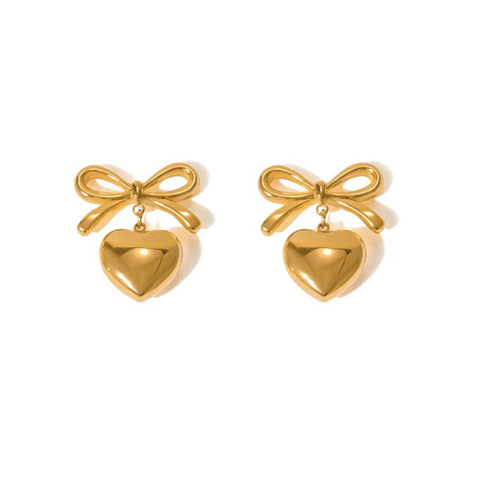 Bow & Heart Drop Earrings - Gold